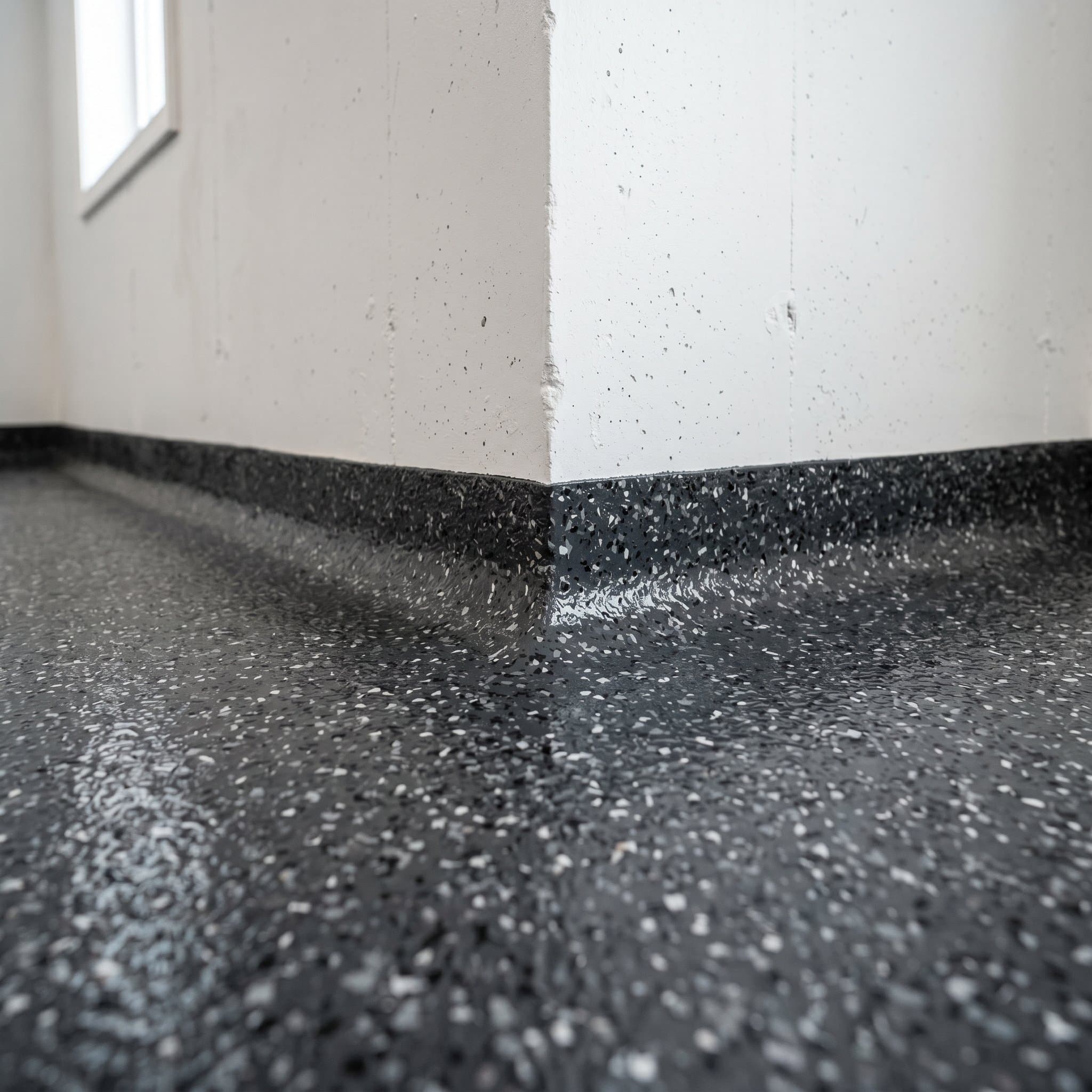 Coved corner where flake floor meets a painted foundation wall.