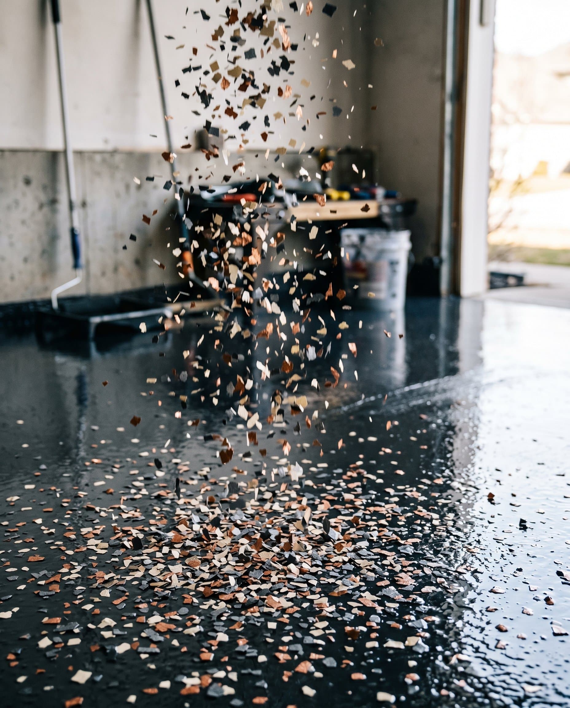 Vinyl flake mix dropping over a wet charcoal epoxy base.
