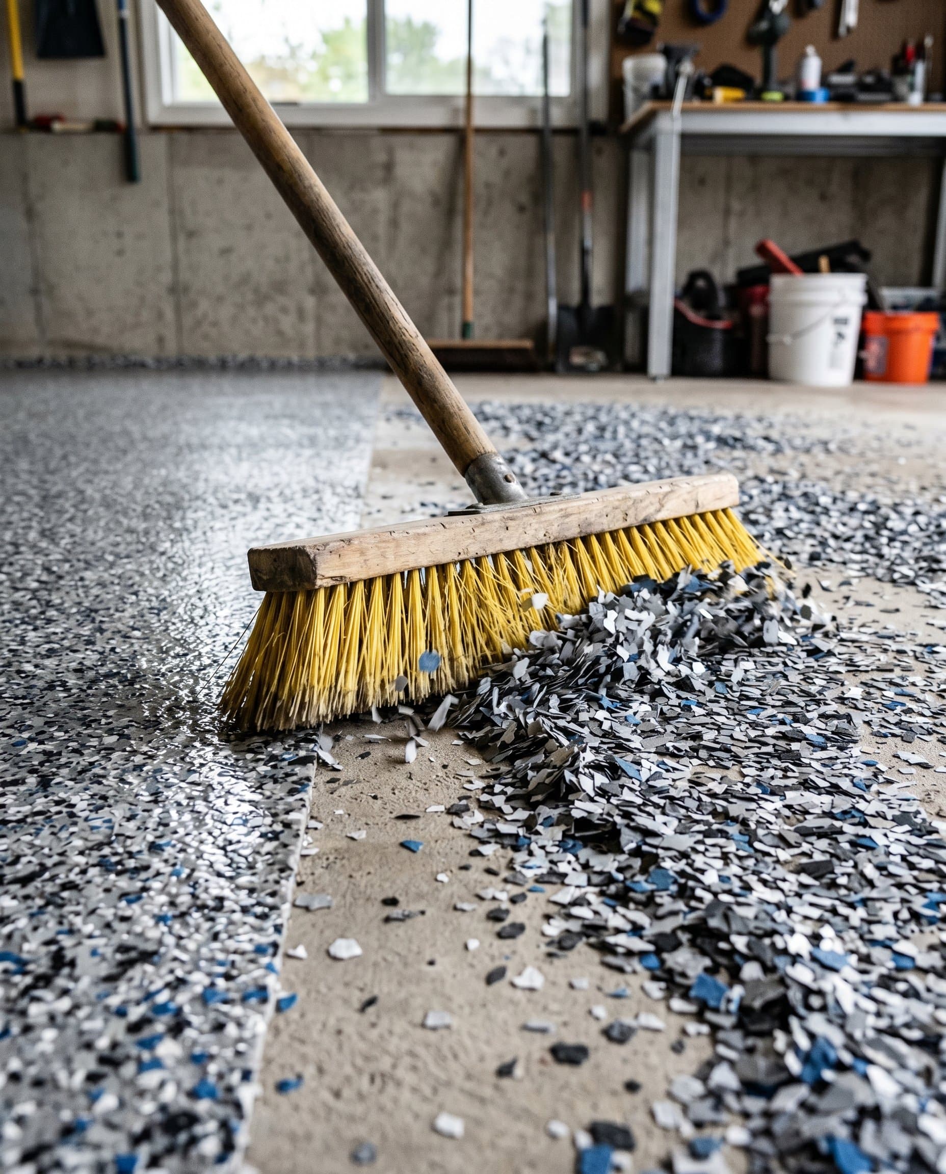Push broom scraping loose flake the morning after broadcast.