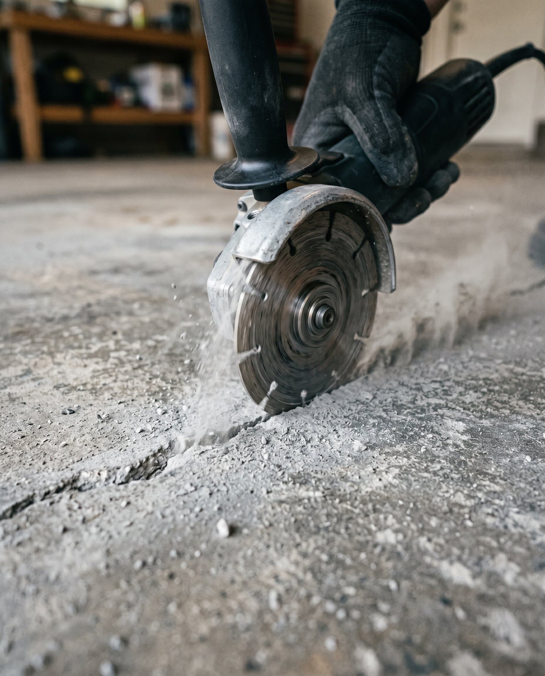 Crack saw opening a hairline crack across a concrete slab.