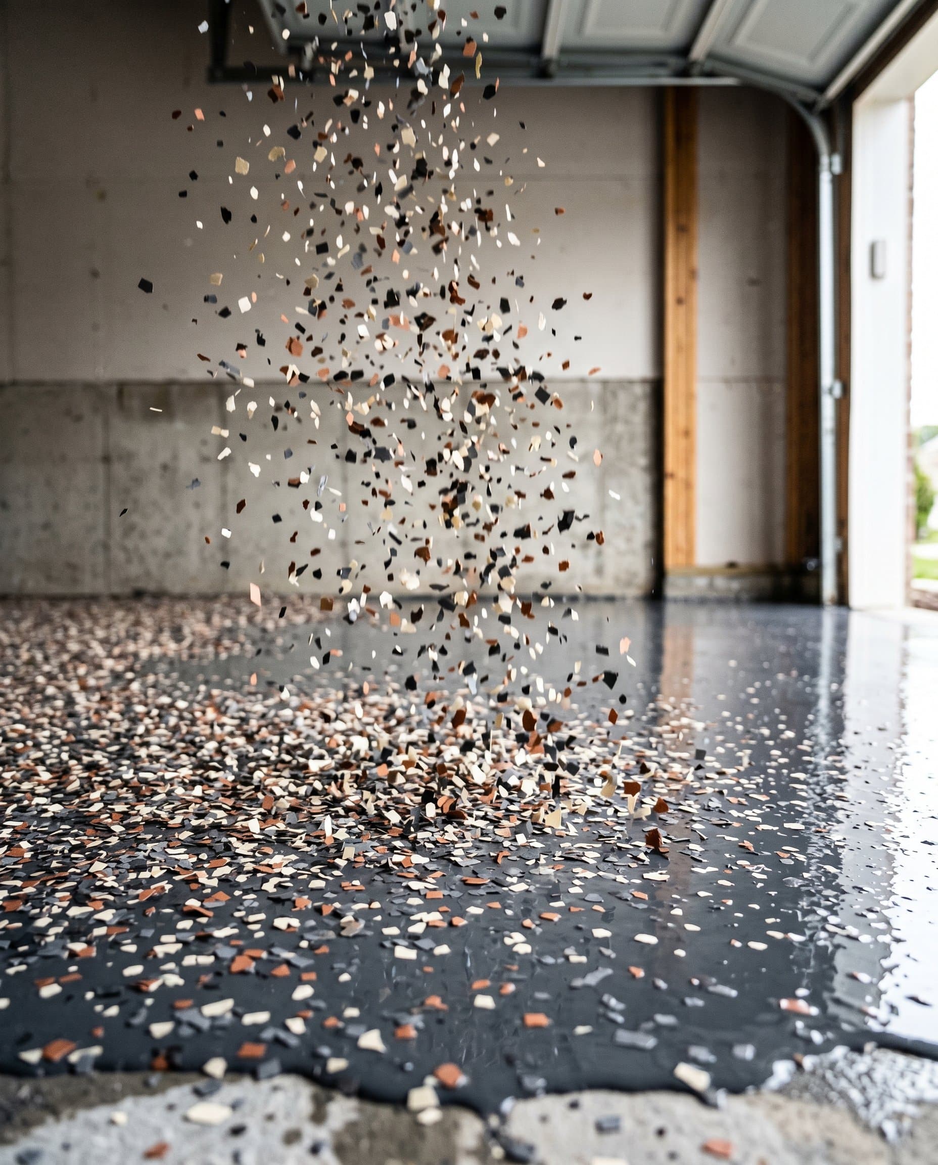 Vinyl chips drop into wet resin in a garage.