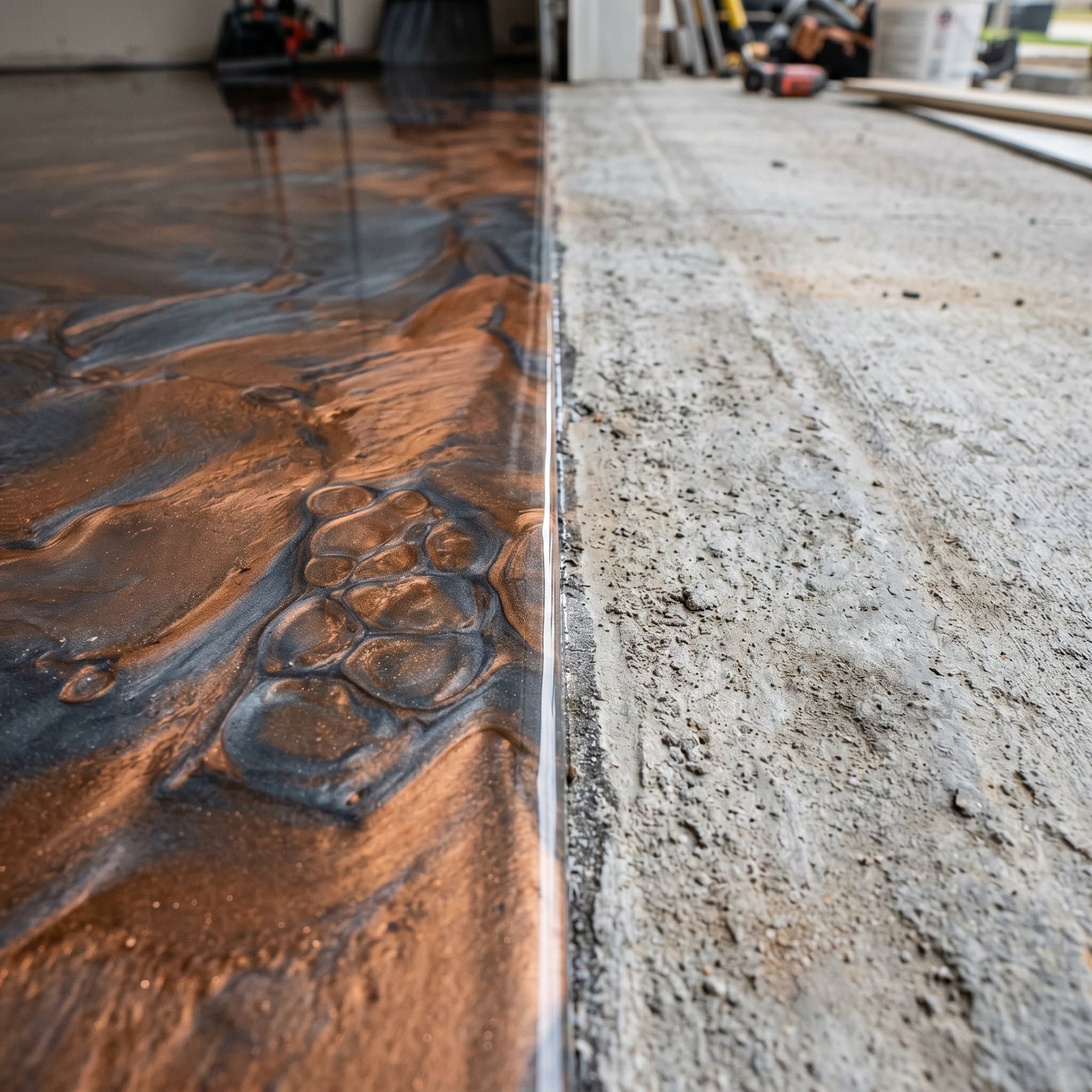 Clean edge where metallic epoxy meets bare residential concrete.