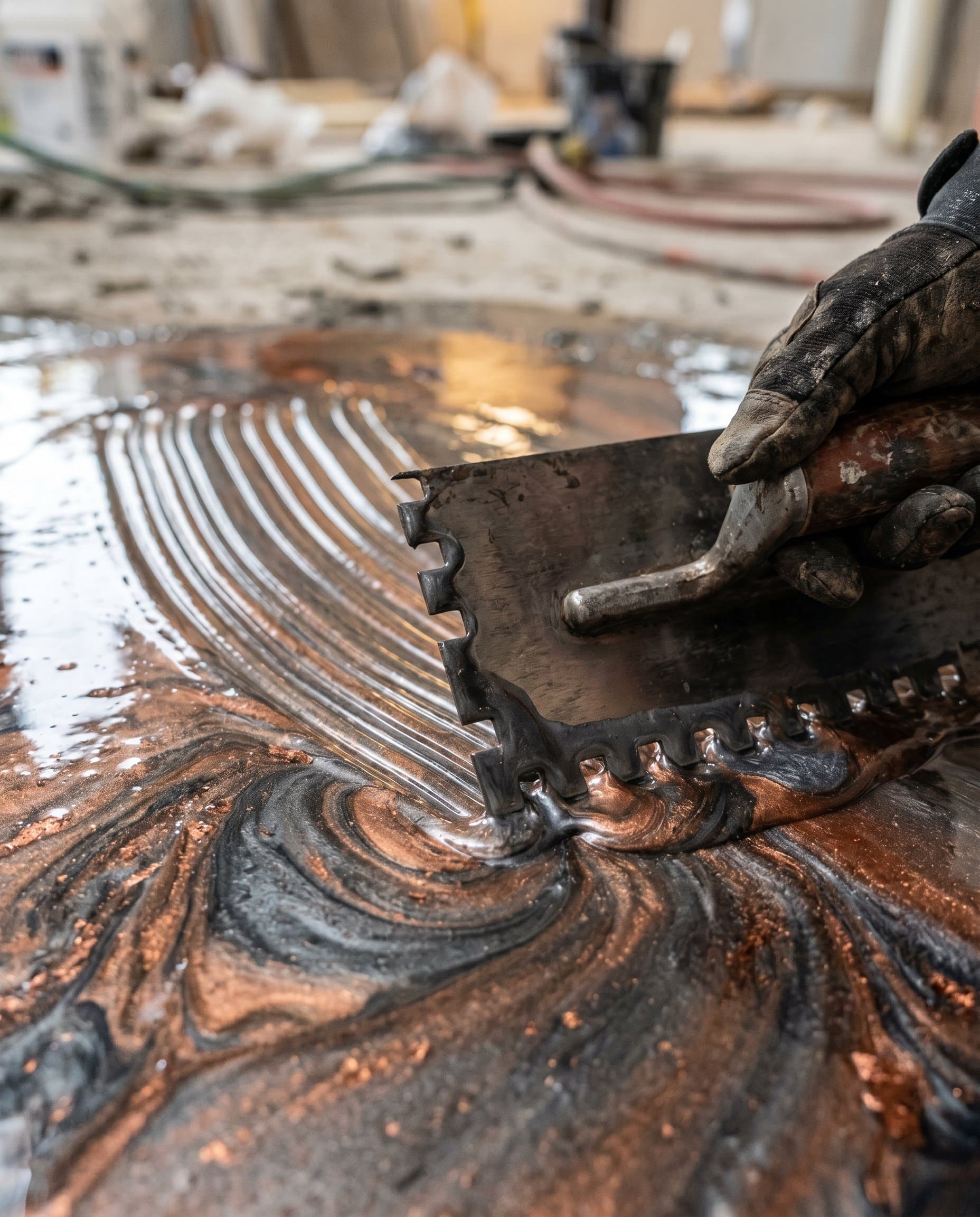 Trowel across a wet copper and slate metallic epoxy pour.