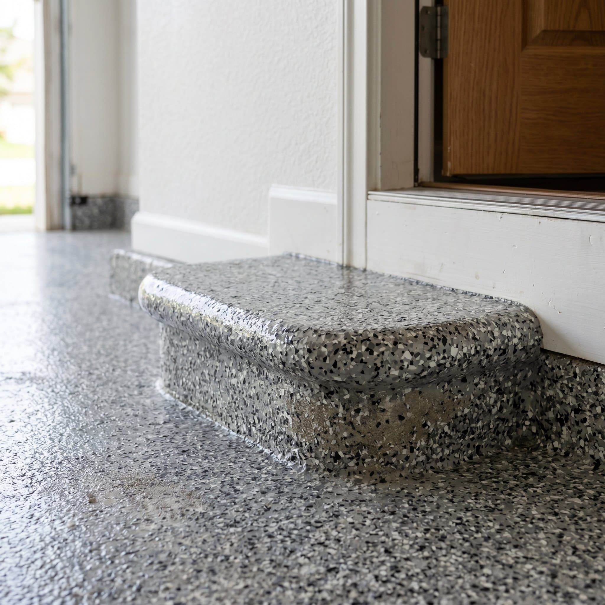 Garage step edge with polyaspartic rolling over the flake lip.
