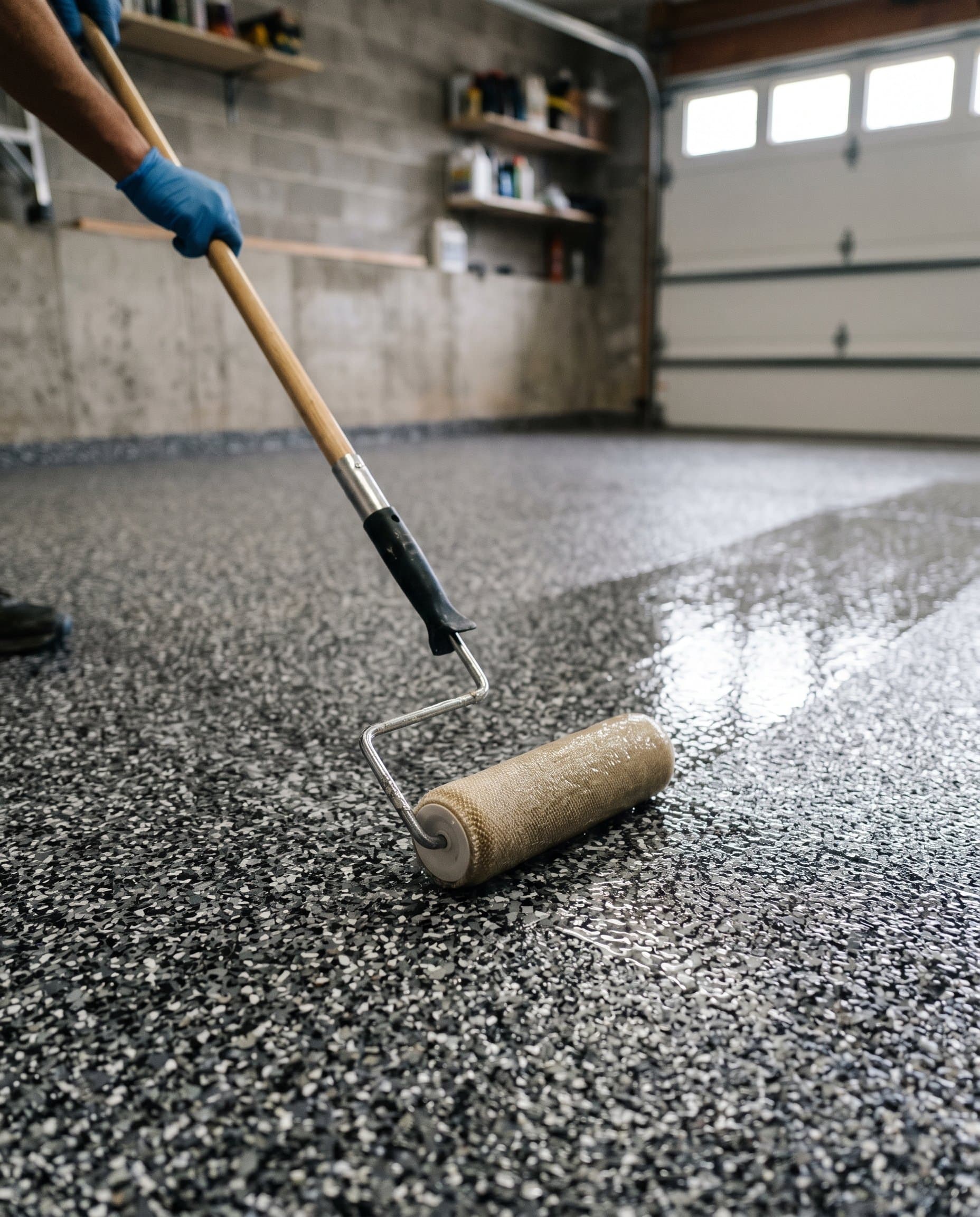 Roller laying clear polyaspartic over a cured charcoal flake base.